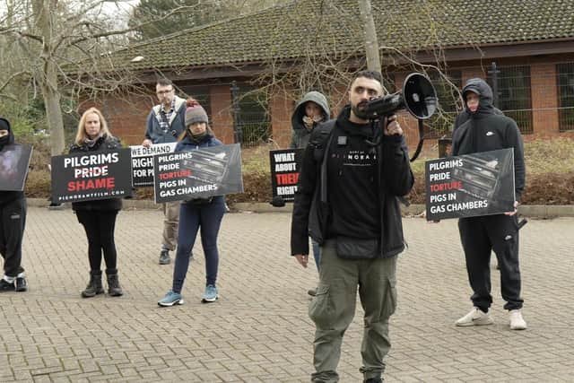 A group of 40 vegan campaigners demonstrated outside the headquarters of Pilgrims Pride Ltd at Warwick Technology Park on February 23. Photo supplied by Joey Carbstrong