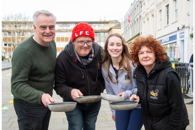 The annual Pancake Day races in the Market Square, Warwick, were staged this week. The event was held a week later, due to half term holidays, with the schools.
Pictured: Team Warwick Town Council