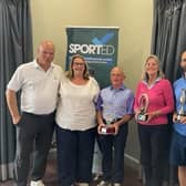 The Warwickshire Golf Club held its Captains’ Charity Day on bank holiday Monday, where 96 players in 24 teams of four took part. From left to right: Chris Grimshaw, men’s captain,  Sophie Tobin, West Midlands Regional Manager SPORTED, Chas McGibbon, Seniors’ Captain, holding Rybrook BMW Cup Sheila Kane, winner of Ladies Captains’ Trophy , Javier Nadal, winner of Men’s Captains’ Trophy, Caroline Rhodes, Ladies Captain. Photo supplied