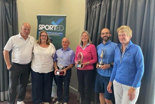 The Warwickshire Golf Club held its Captains’ Charity Day on bank holiday Monday, where 96 players in 24 teams of four took part. From left to right: Chris Grimshaw, men’s captain,  Sophie Tobin, West Midlands Regional Manager SPORTED, Chas McGibbon, Seniors’ Captain, holding Rybrook BMW Cup Sheila Kane, winner of Ladies Captains’ Trophy , Javier Nadal, winner of Men’s Captains’ Trophy, Caroline Rhodes, Ladies Captain. Photo supplied