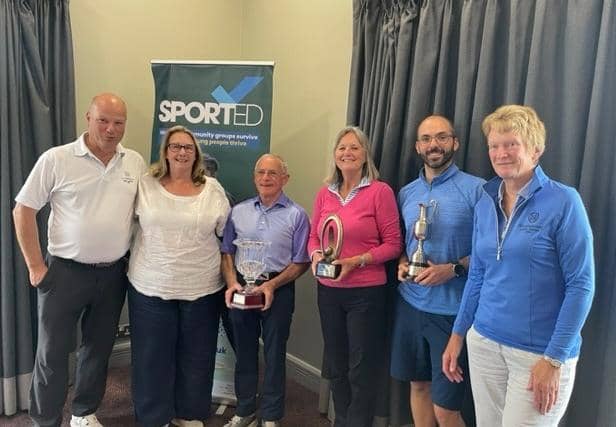 The Warwickshire Golf Club held its Captains’ Charity Day on bank holiday Monday, where 96 players in 24 teams of four took part. From left to right: Chris Grimshaw, men’s captain,  Sophie Tobin, West Midlands Regional Manager SPORTED, Chas McGibbon, Seniors’ Captain, holding Rybrook BMW Cup Sheila Kane, winner of Ladies Captains’ Trophy , Javier Nadal, winner of Men’s Captains’ Trophy, Caroline Rhodes, Ladies Captain. Photo supplied