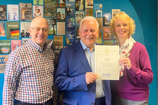 Full of ‘pride’ for NODA award for ‘Pride &amp; Prejudice at the Talisman Theatre: (LtoR) Stephen Duckham, Joint Artistic Director, Writer Andrew Davies with Director Corrina Jacob. Picture supplied