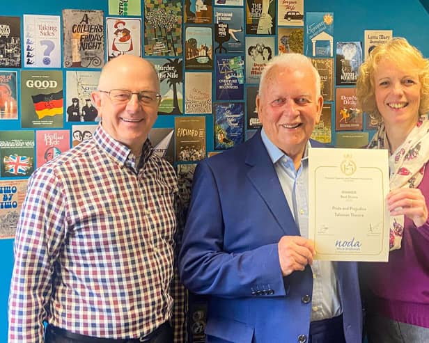 Full of ‘pride’ for NODA award for ‘Pride &amp; Prejudice at the Talisman Theatre: (LtoR) Stephen Duckham, Joint Artistic Director, Writer Andrew Davies with Director Corrina Jacob. Picture supplied