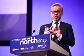 Michael Gove, Secretary of State for Levelling Up, Housing and Communities, speaking at the Convention of the North in Manchester. PIC: James Speakman/PA Wire