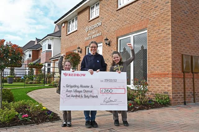 Last year Redrow Midlands has donated £260 to Girlguiding Alcester & Avon Villages District as part of its community fund. Pictured: Isabelle Archer, Isabel Stanley and Stephanie Jackson. Photo supplied