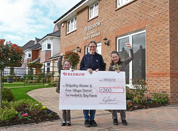 Last year Redrow Midlands has donated £260 to Girlguiding Alcester & Avon Villages District as part of its community fund. Pictured: Isabelle Archer, Isabel Stanley and Stephanie Jackson. Photo supplied