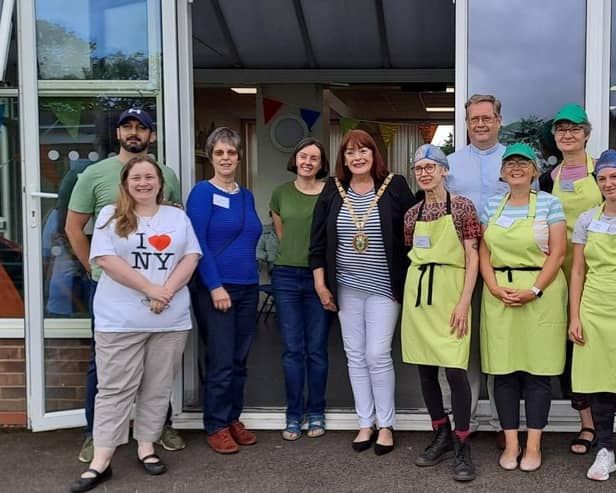 Rugby Mayor Maggie O'Rourke with the volunteers.
