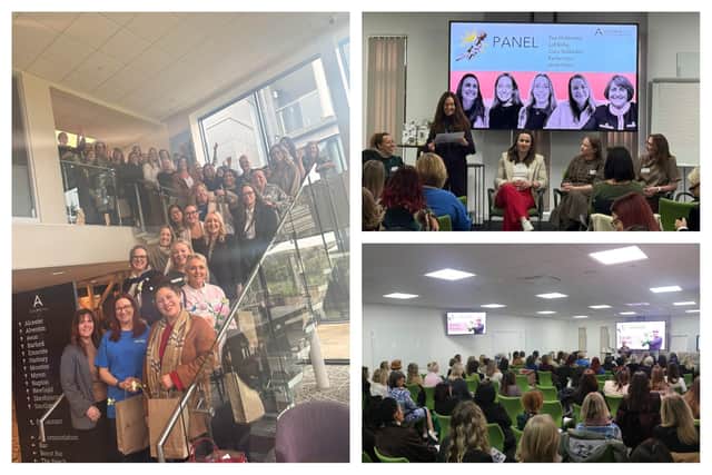 Photos from the event at Ashhorne Hill including the attendees gathering (left), Arianna Wells giving her opening speech (top right) and Sarah Horne (bottom right) giving her talk. Pictures supplied,