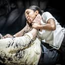 Nigel Barrett (Julius Caesar) and Thalissa Teixeira (Brutus) in the current production of Julius Caesar at the RSC, Stratford