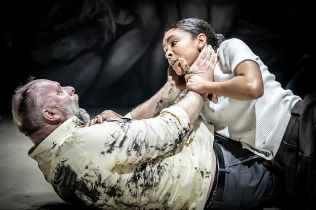 Nigel Barrett (Julius Caesar) and Thalissa Teixeira (Brutus) in the current production of Julius Caesar at the RSC, Stratford