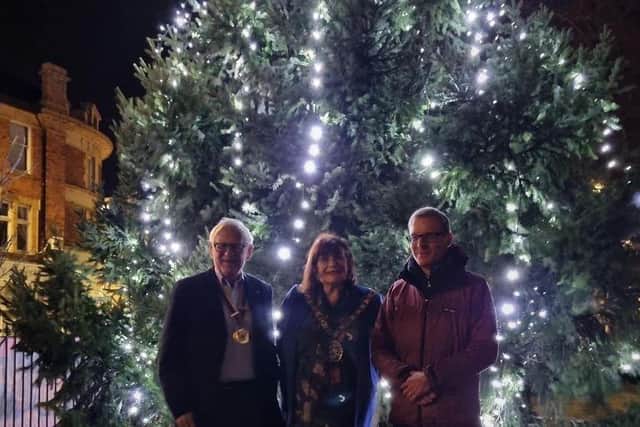 Rob Close, President of the Rotary Club of Rugby, the Mayor of Rugby Maggie O'Rourke and the Reverend Canon Edmund Newey of St Andrews Church.
