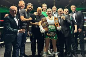 Jess Barry celebrates her win with her team including her husband Paddy Hone. Boxing legend Barry McGuigan is on the right of Jess.