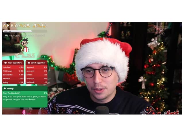 Brendan Mansfield – known as DeeBeeGeek online – during his Twiitch stream for his '12 Gifts of Geekmas’ contest. Photo from Brendan Mansfield's Twitch video.