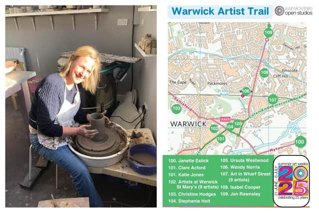 Warwickshire Open Studios ‘Summer Art Weeks’ runs from June 21 to July 6 and invites the community to visit a range of artists in their home or community venue. This year Warwick has two new venues exhibiting as well as a new ‘Warwick Trail’. Left shows potter Sally Lark, who is based at Art in Wharf Street and right shows the 'Warwick Trail' map. Photos supplied