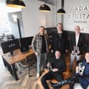 Back row from left: James Meadows (Senior Web Development Manager at Ada Digital), Cllr Tim Sinclair, Steve Tipson, Cllr Chris King, Scarlett Hanlon (Digital Marketing Executive at Ada Digital) with Bowie. Front row from left: Tom Murrell, Dani Murrell.