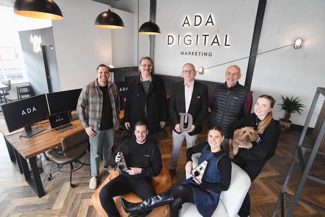 Back row from left: James Meadows (Senior Web Development Manager at Ada Digital), Cllr Tim Sinclair, Steve Tipson, Cllr Chris King, Scarlett Hanlon (Digital Marketing Executive at Ada Digital) with Bowie. Front row from left: Tom Murrell, Dani Murrell.