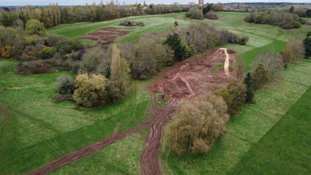 Aerial view of the cycle trails, which are currently being built at Newbold Comyn  in Leamington. Image courtesy of Warwick District Council.