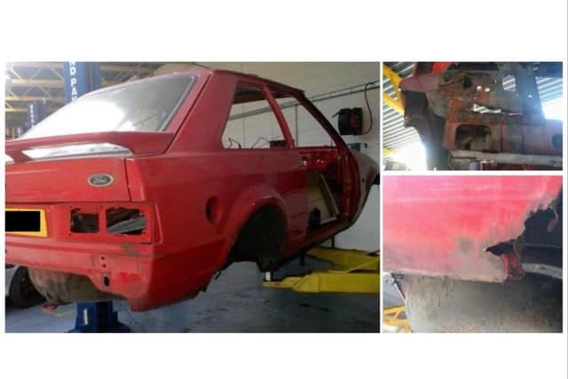 The elaborate scam took place from 2009 to 2017 and saw those involved making insurance claims for 21 ‘stolen’ classics – with the claims equalling between £10,000 and £25,000 each time. In reality the cars – all classic 1980s Ford Escort RS Turbos and similar – had been sold or got rid of by their last legitimate keepers for scrap value. Pictured is one of those cars.  Photos supplied by Warwickshire Police