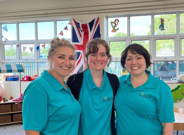 Team members Amy Hawkins, Milly Whelan and Sam Medlicott of Beechwood Childcare Limited i Leamington celebrate the nursery's 'outstanding' Ofsted report.