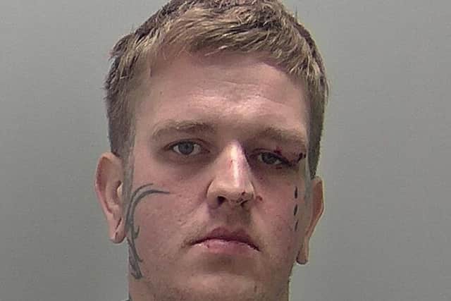 Luke Kyberd's distinctive facial tattoo helped police track hime down