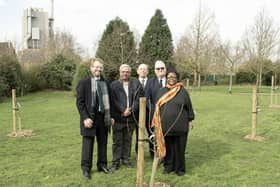 Cllr John Slinger and Cllr Ish Mistry, ward councillors for New Bilton, Edward Palusinski, treasurer of New Bilton Community Association, Cllr Derek Poole, leader of Rugby Borough Council, and Sheela Hammond, chair of New Bilton Community Association, attended the planting of the community orchard at New Bilton's Jubilee Recreation Ground.
