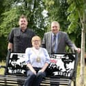 Rugby Mayor Barbara Brown, at the VE and VJ Day memorial bench at the War Memorial at Whitehall Recreation Ground with (left) John Howes, Rugby Borough Council's green space and biodiversity manager, and Cllr Neil Sandison, Rugby Borough Council's Liberal Democrat group spokesperson for partnerships and wellbeing.