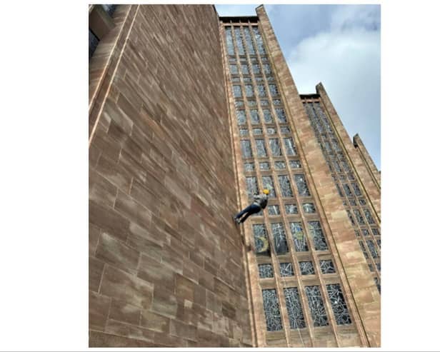 Housing 21 resident, Margaret Logan abseiling down Coventry Cathedral. Photo supplied