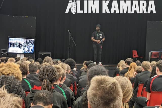 Alim Kamara inspires students at Harris.