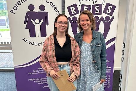 Susie Bagnall Assistant Head of Sixth Form at Rugby Free School (right) with one of the students who received their results. Photo supplied by Rugby Free School