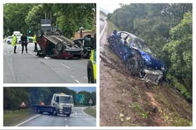 Many of the incidents happened on the A46 on Saturday June 7 (pictured right and bottom left). In a separate incident, a car ended up on its roof after a crash on Lillington Avenue, Leamington (pictured top left). Images: OPU Warwickshire