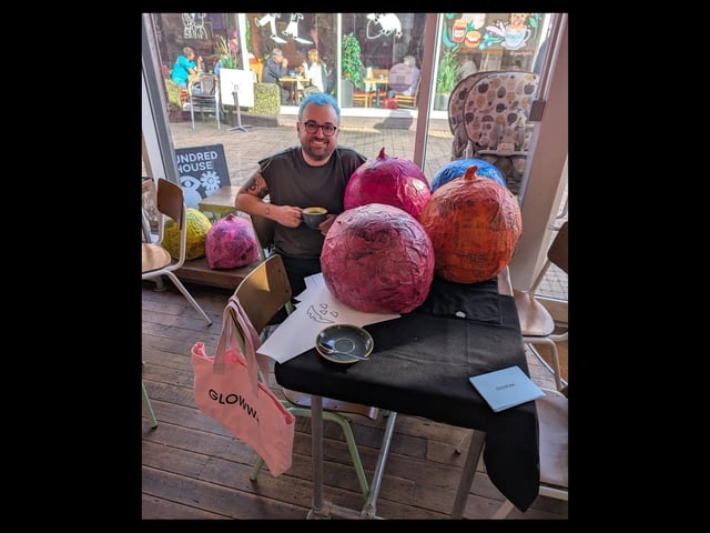 Hairdresser Andrew Phimister-Double with some of his handmade pumpkin heads.