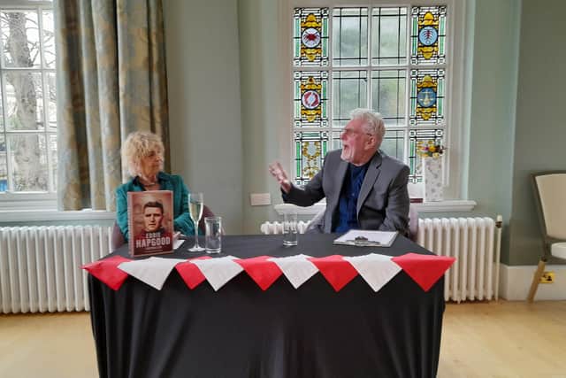 Dr Lynne Hapgood launches the book with help from former Leamington mayor Alan Wilkinson.