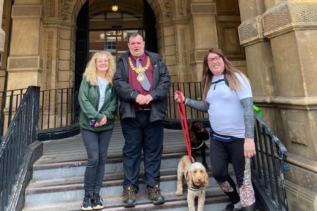 Rachael Steven (left) with the Mayor of Leamington, Cllr Nick Wilkins and Alex Pearson outside Leamington Town Hall. Photo supplied