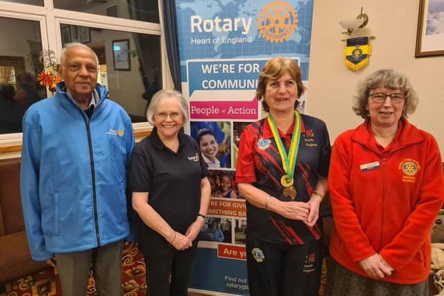 Ramesh Srivastava (president of the Rotary Club of Rugby Dunsmore), Pauline Kimber (president of the Rotary Club of Rugby), Margaret Cusker and Gill Ralph (president elect of the Rotary Club of Rugby Saturday Breakfast).