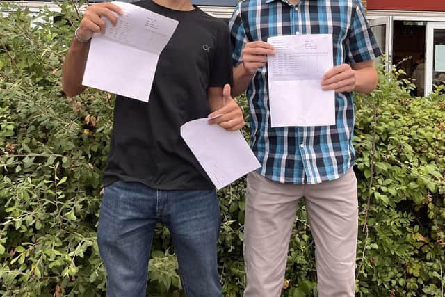 Hassan Makki (L) and Toby Burwell (R) are jumping for joy with their results at Ashlawn School