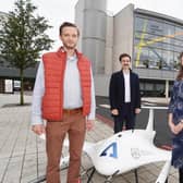 Alex Landowski (Medical Logistics UK), Elliot Parnham (Skyfarer) and Lucy Gilbert (Innovation Lead, UHCW)