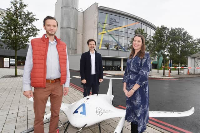 Alex Landowski (Medical Logistics UK), Elliot Parnham (Skyfarer) and Lucy Gilbert (Innovation Lead, UHCW)