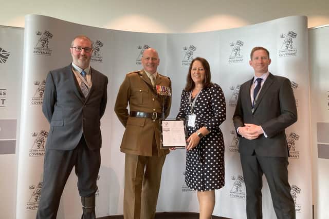 L to R) Alex Murphy, Risk Evolves and British Army Veteran (Intelligence Corps). Lieutenant Colonel K E Spiers OBE TD (R ANGLIAN), Head of UK Engagement Centre, Helen Barge (MD Risk Evolves),  Phillip Davies, Risk Evolves & British Army Veteran (Royal Logistics Corps). Image supplied.