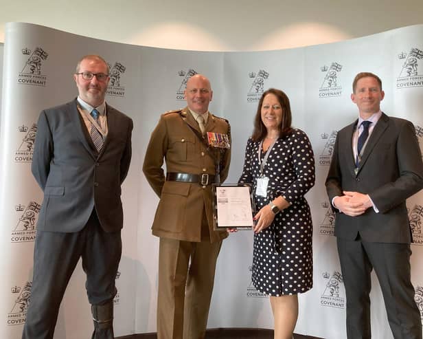 L to R) Alex Murphy, Risk Evolves and British Army Veteran (Intelligence Corps). Lieutenant Colonel K E Spiers OBE TD (R ANGLIAN), Head of UK Engagement Centre, Helen Barge (MD Risk Evolves),  Phillip Davies, Risk Evolves & British Army Veteran (Royal Logistics Corps). Image supplied.