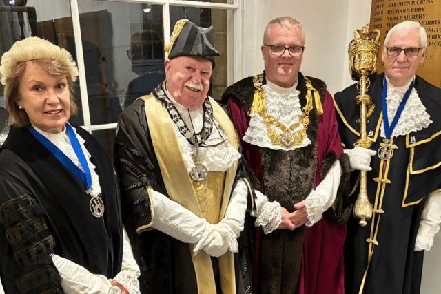 Keith Hinton (second from left), was sworn in as Bailiff on October 22 at The Court House in Jury Street. Pictured left to right: Court Leet Steward, Jayne Topham, Keith Hinton, the Lord of the Leet, Simon Pargeter, who is also the Mayor of Warwick and Sergeant at Mace, Trevor Langley.