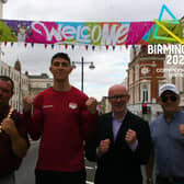Heavyweight Boxer Lewis Williams, with Leamington Mayor Nick Wilkins (left), Matt Western MP for Warwick and Leamington and Adrain Bush, chairman of the Randolph Turpin Memorial Fund. Photo supplied by Reece Singh PR