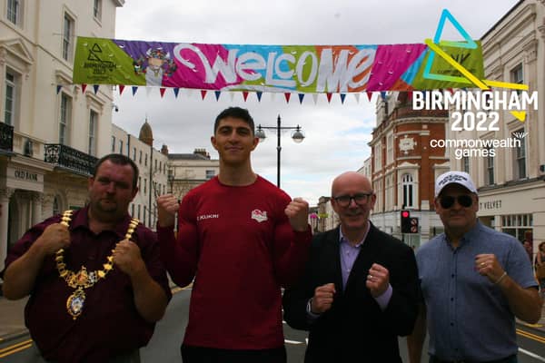Heavyweight Boxer Lewis Williams, with Leamington Mayor Nick Wilkins (left), Matt Western MP for Warwick and Leamington and Adrain Bush, chairman of the Randolph Turpin Memorial Fund. Photo supplied by Reece Singh PR