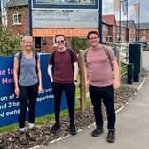 Rob Perkins, Alice Fish, Christy Mclean, and Dan Forrester from Bellway South Midlands’ land and planning team after completing their nine-mile charity walk from Staverton Lodge in Daventry to Houlton Meadows in Rugby