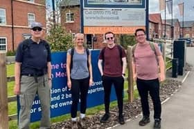 Rob Perkins, Alice Fish, Christy Mclean, and Dan Forrester from Bellway South Midlands’ land and planning team after completing their nine-mile charity walk from Staverton Lodge in Daventry to Houlton Meadows in Rugby