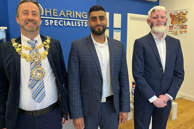 The Mayor of Warwick, Cllr Oliver Jacques with business owner Kabir Hussain (centre) and employee Ben Kahn. Photo supplied