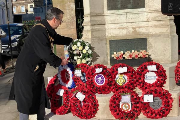 The Mayor of Warwick Cllr Oliver Jacques laying a wreath at the war memorial for Holocaust Memorial Day. Photo supplied by Rick Thompson