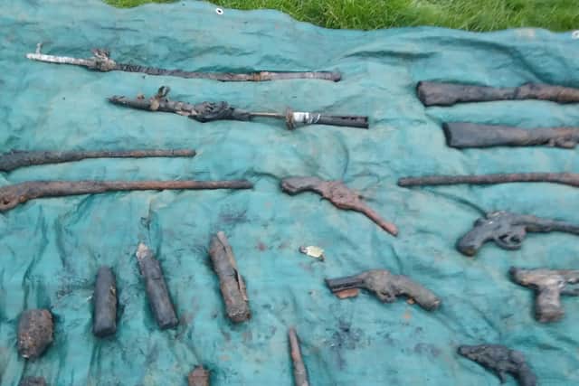Some of the Second World War weapons and munitions found by The Peaky Dippers in the River Leam.