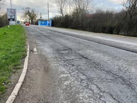 A broken surface on the side of the road and a deep ridge in the middle, this is the view from the Nortoft Lane junction back towards Houlton, just a small part of the problems on that stretch of the A428.