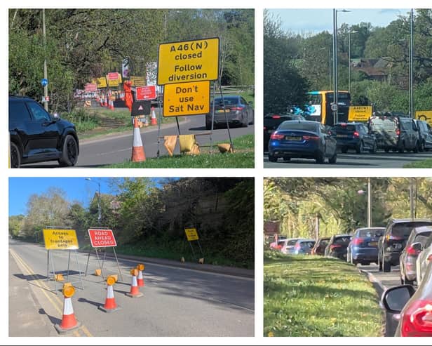 From top left, going clockwise: The entry of the A46 on the edge of Kenilworth, which is closed for three weeks; traffic queuing on the A452 between Leamington and Kenilworth; traffic queuing on the Birmingham Road going out of Kenilworth; the lane closure at Dalehouse Lane.