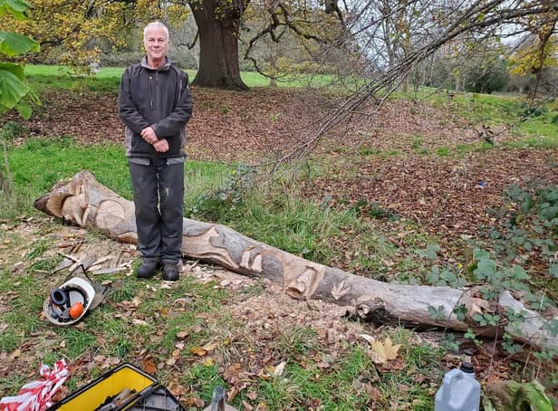 Graham Jones was once again woodcarving in Priory Park on November 26 2022. Photo by Geoff Ousbey